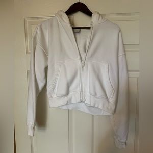 Aritzia TNA Cozy Fleece Boyfriend Boxy Zip Hoodie in White!